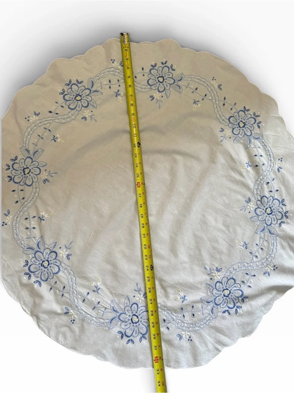 Vintage Blue Floral Embroidered Table Topper 32”